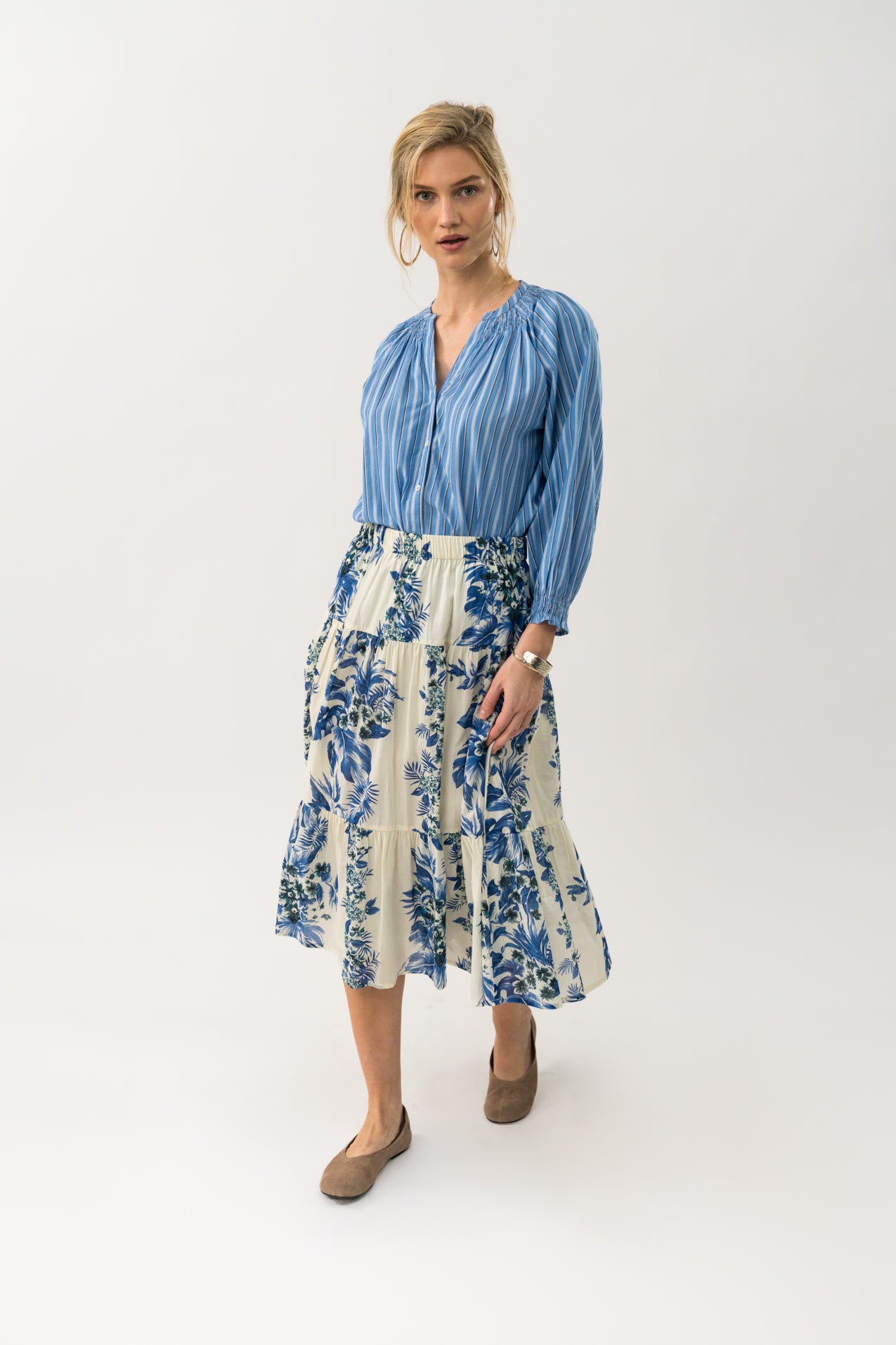 Lollys Laundry Morning Midi Skirt -Blue & Creme