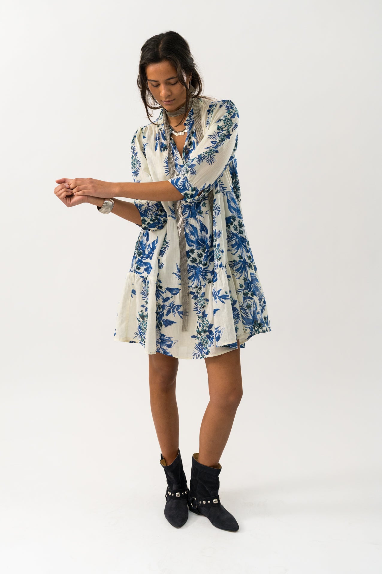 Lollys Laundry Sabine Short Dress - Blue & Creme