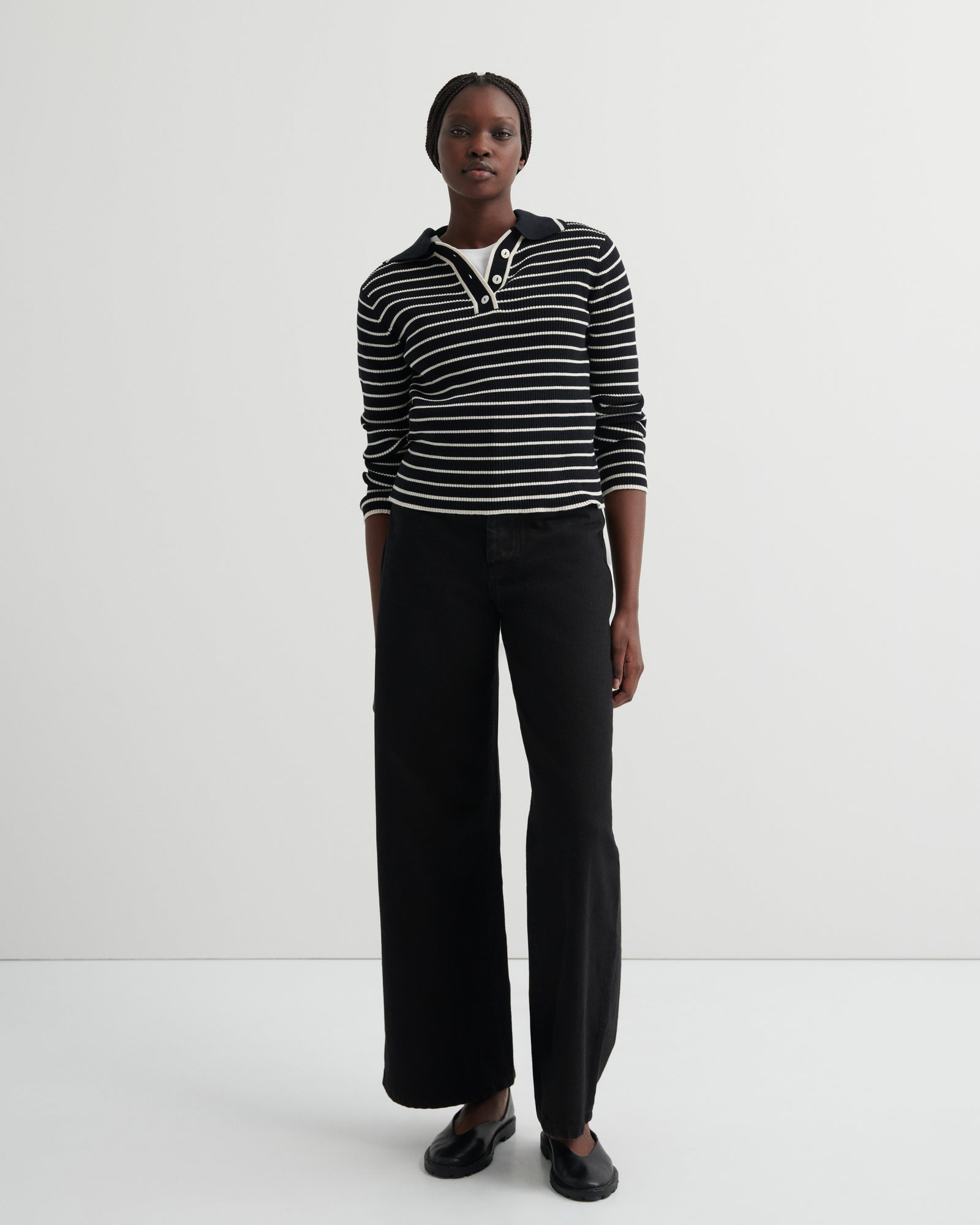 Kowtow Stripe Polo - Black Ecru Stripe