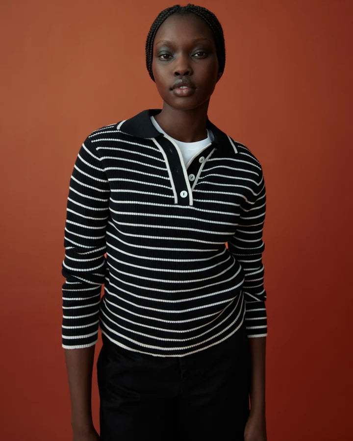 Kowtow Stripe Polo - Black Ecru Stripe
