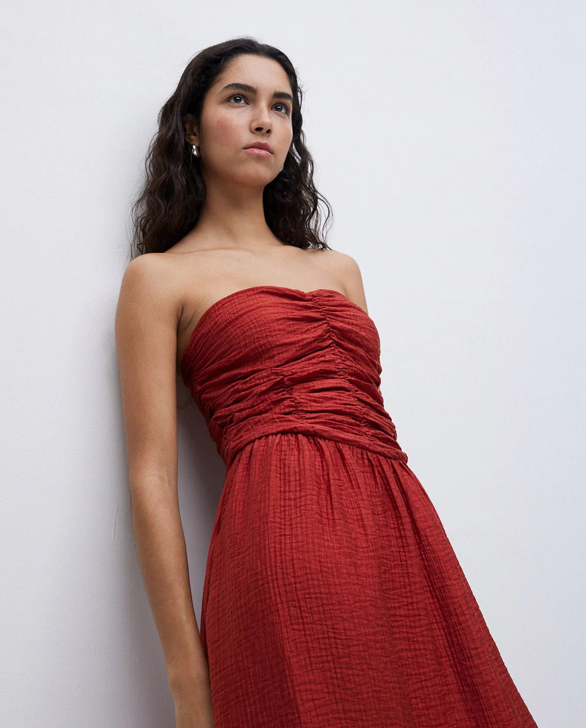Yerse Strapless Draped Dress - Terracotta