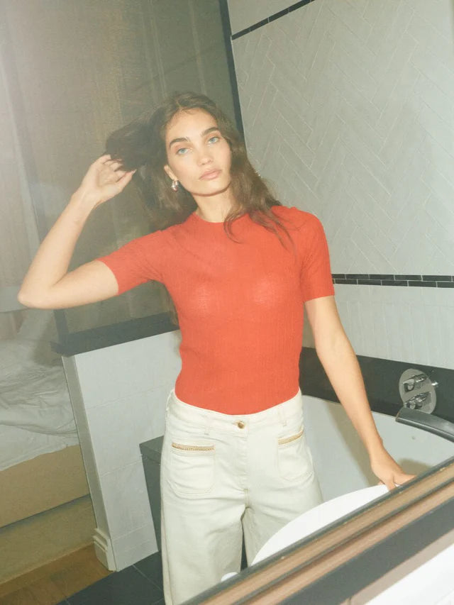 Mos Mosh Bouch Rib Short Sleeve Knit - Chinese Red