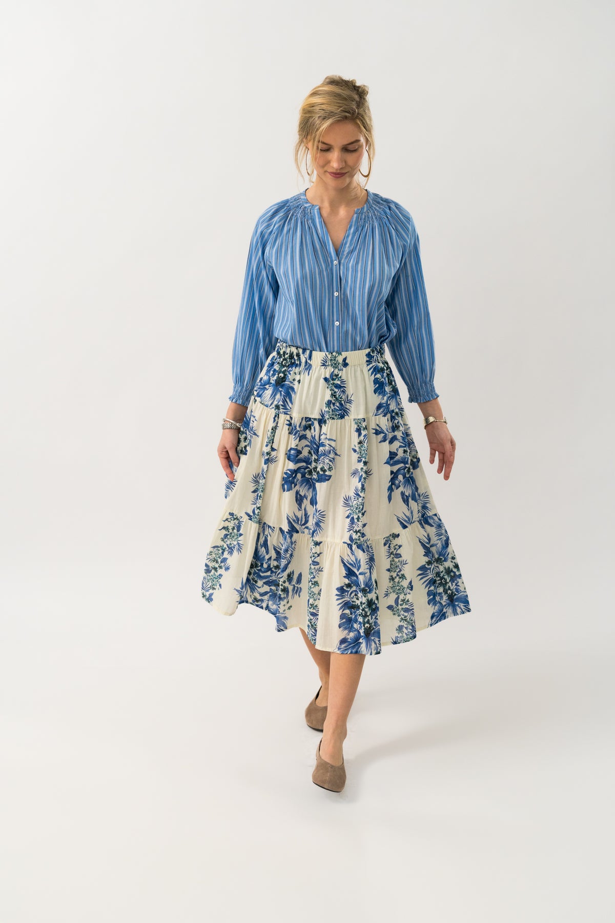 Lollys Laundry Morning Midi Skirt - Blue & Creme