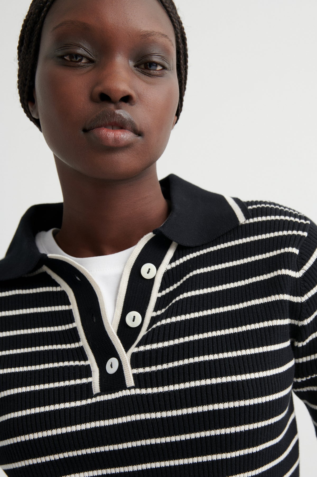 Kowtow Stripe Polo - Black Ecru Stripe