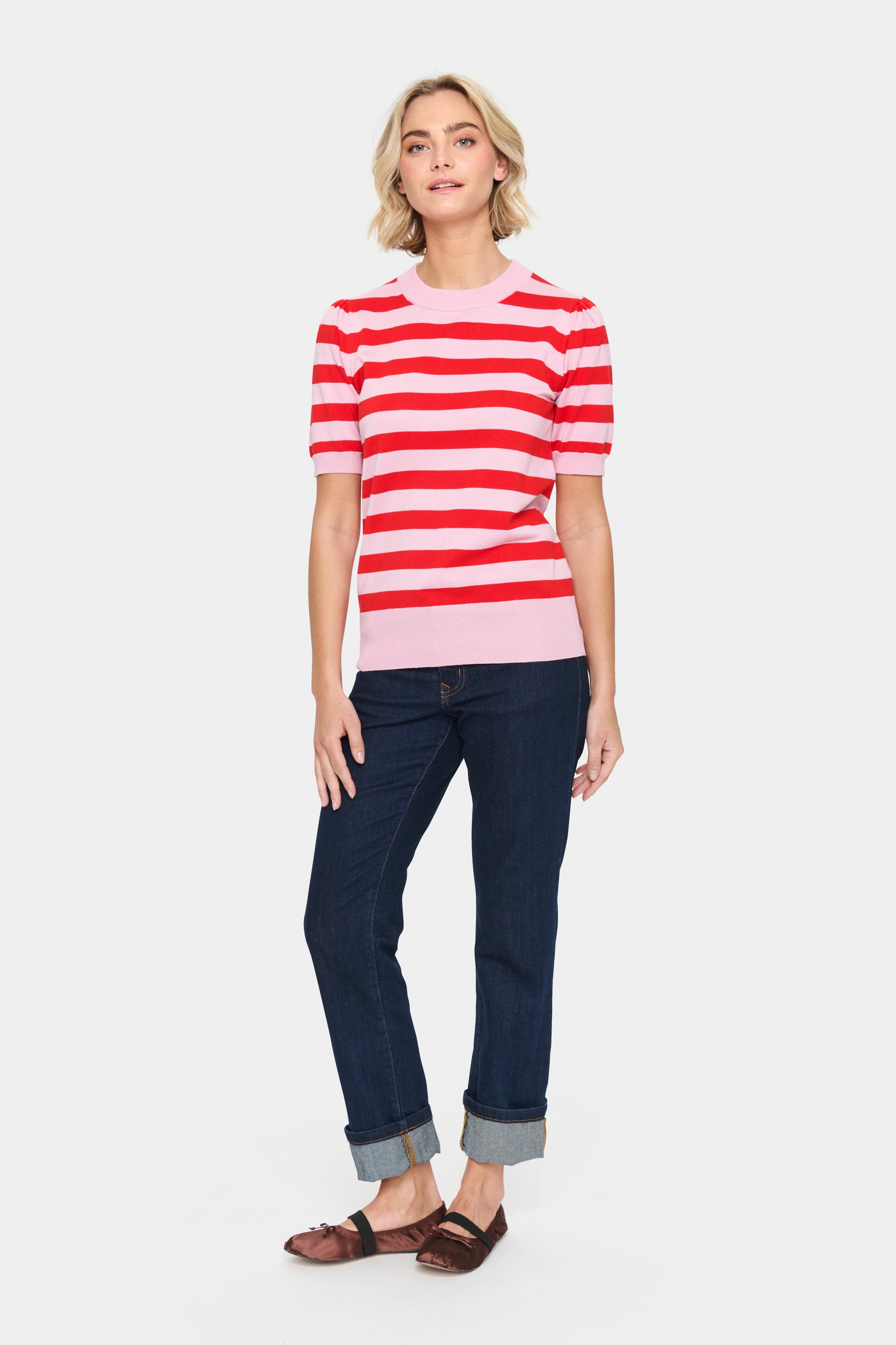 Saint Tropez Mila Short Sleeve  Pullover - Pink Flame Stripe