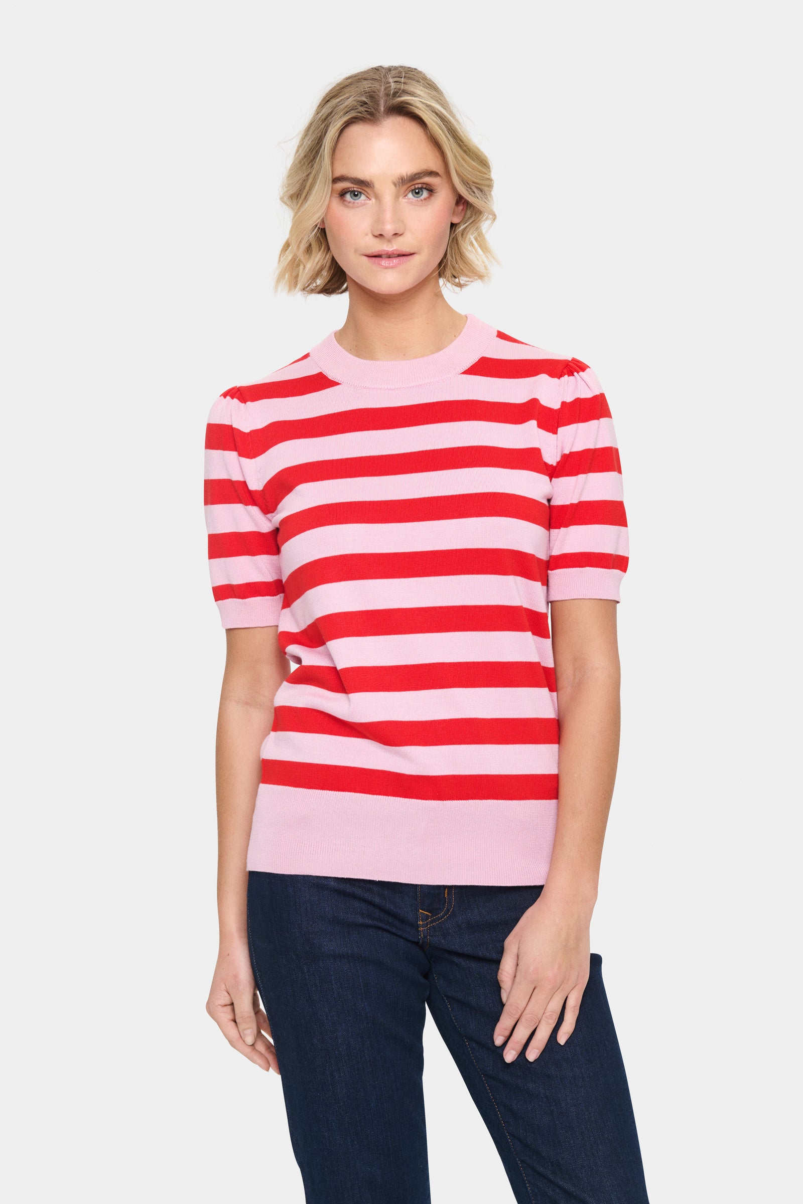 Saint Tropez Mila Short Sleeve  Pullover - Pink Flame Stripe