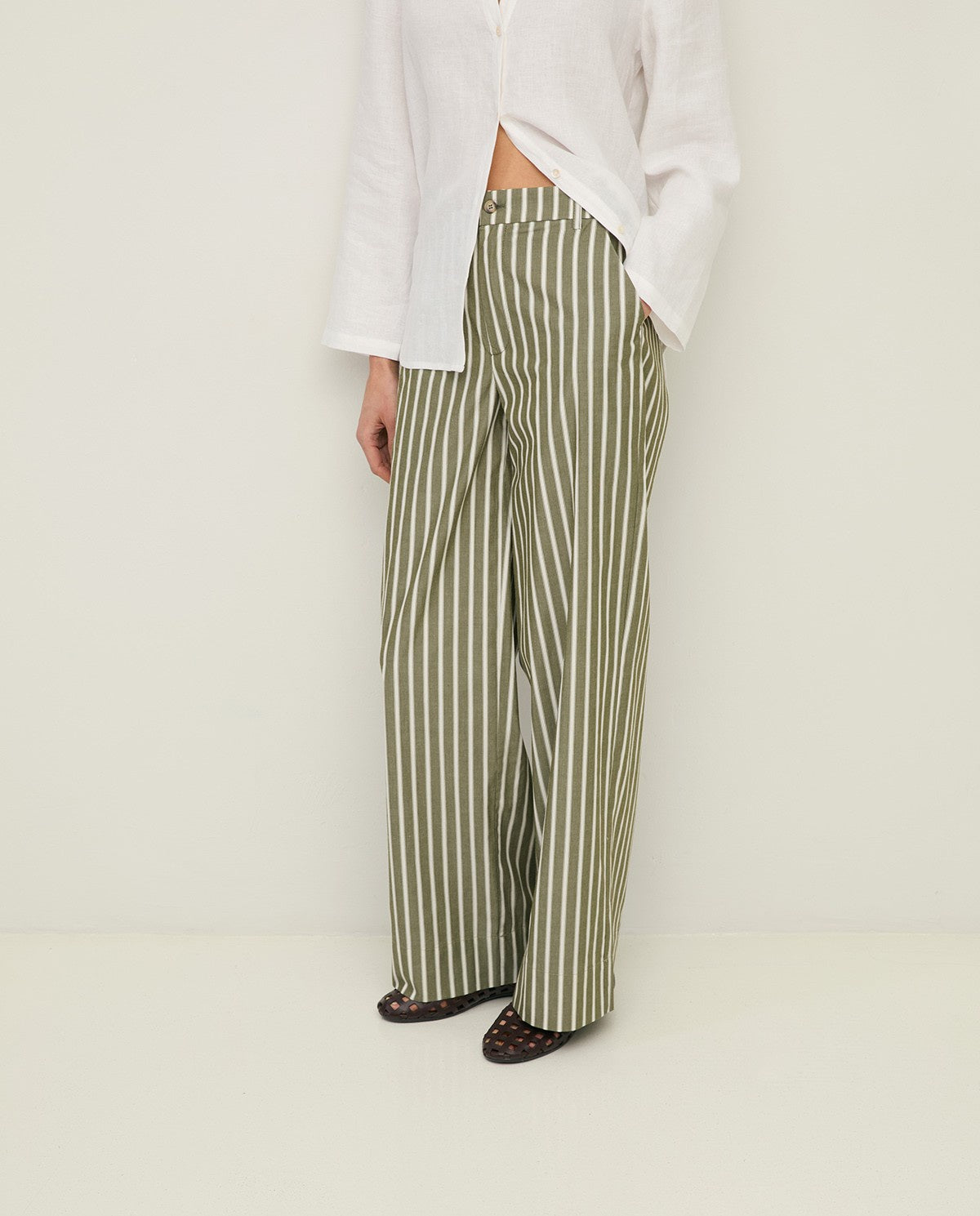 Yerse Straight Poplin Trousers - Green Stripe