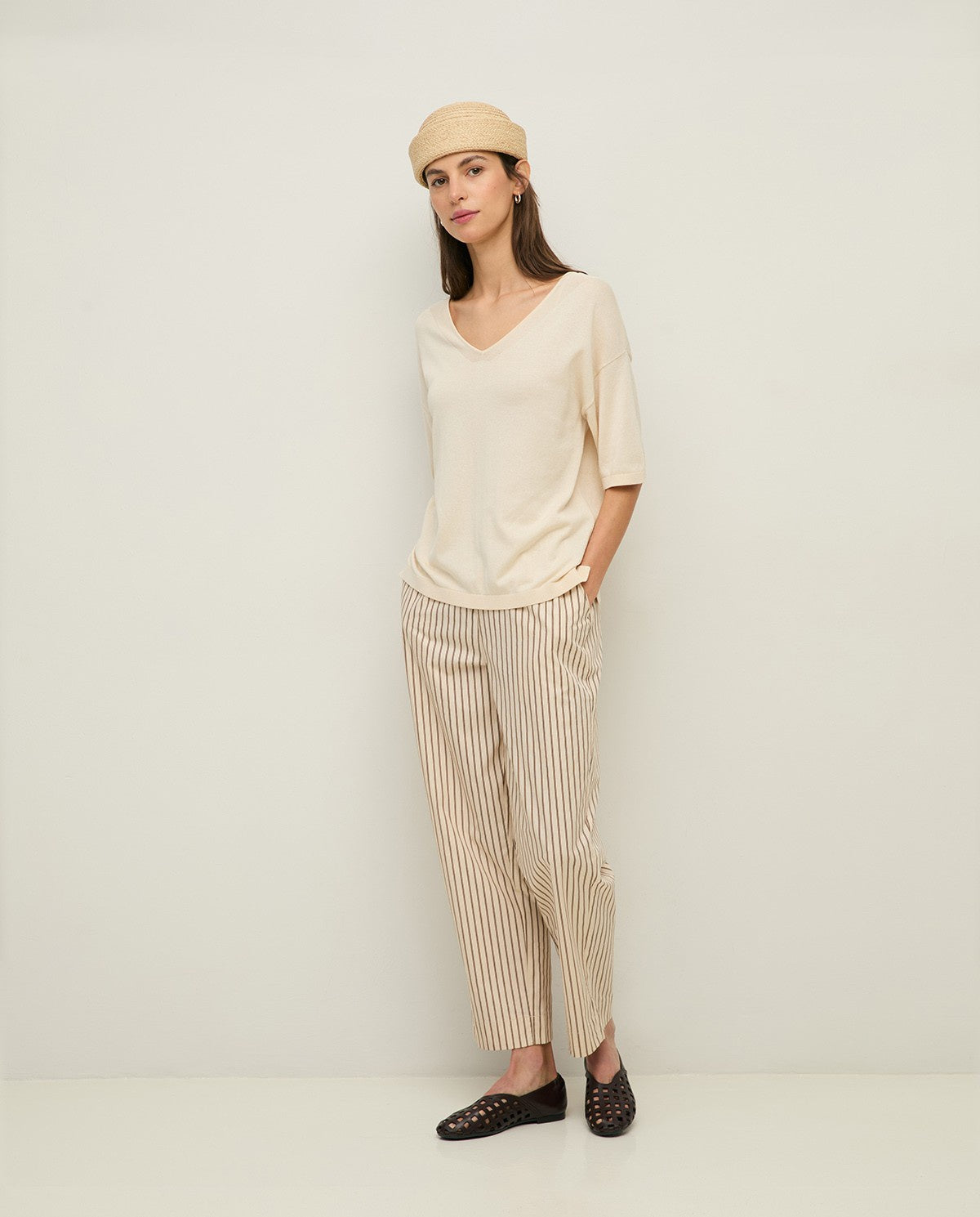 Yerse Straight Poplin Trousers - Ecru Stripe