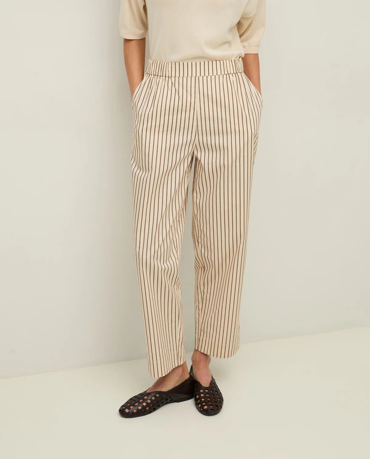 Yerse Straight Poplin Trousers - Ecru Stripe
