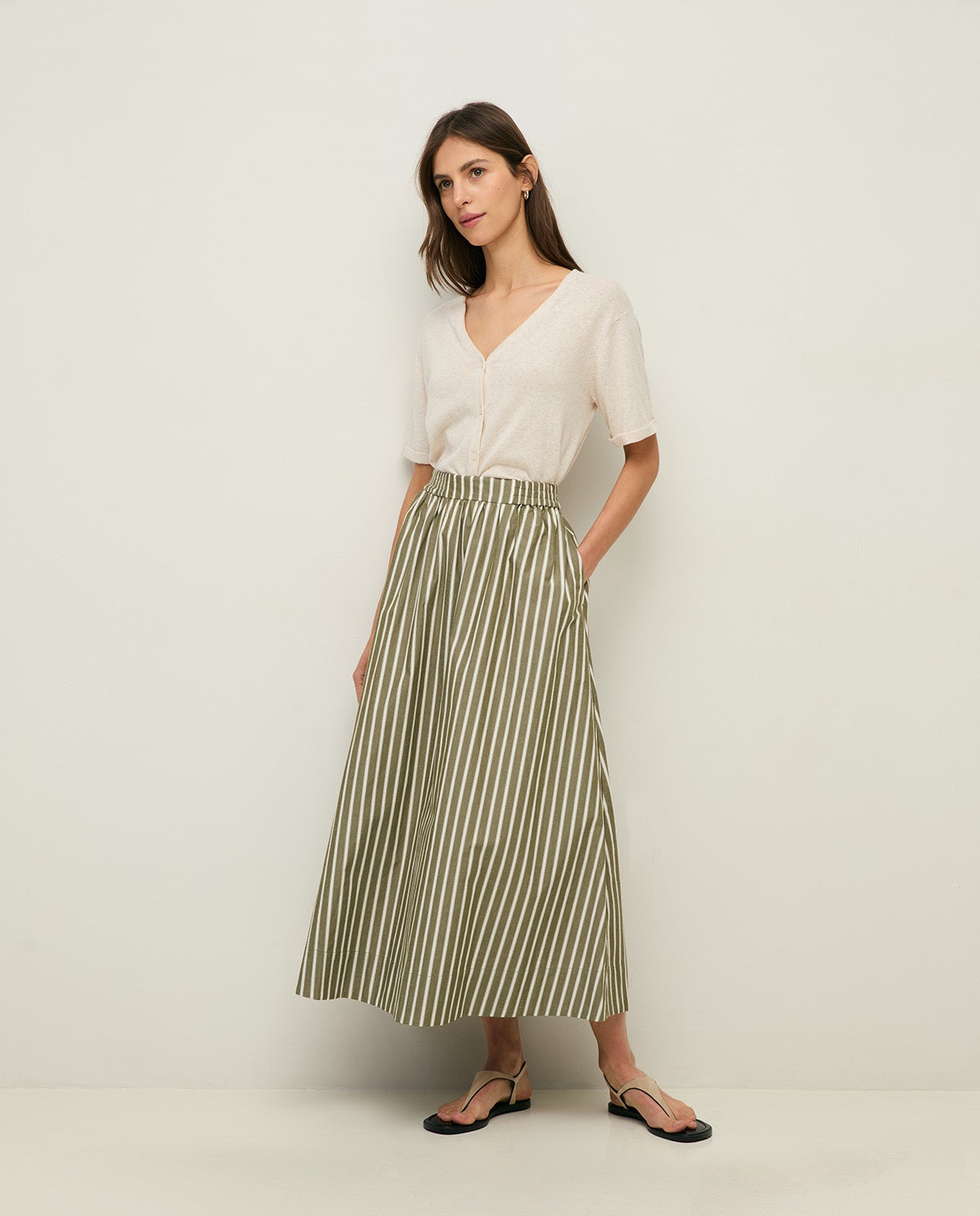 Yerse Midi Poplin Skirt - Green Stripe