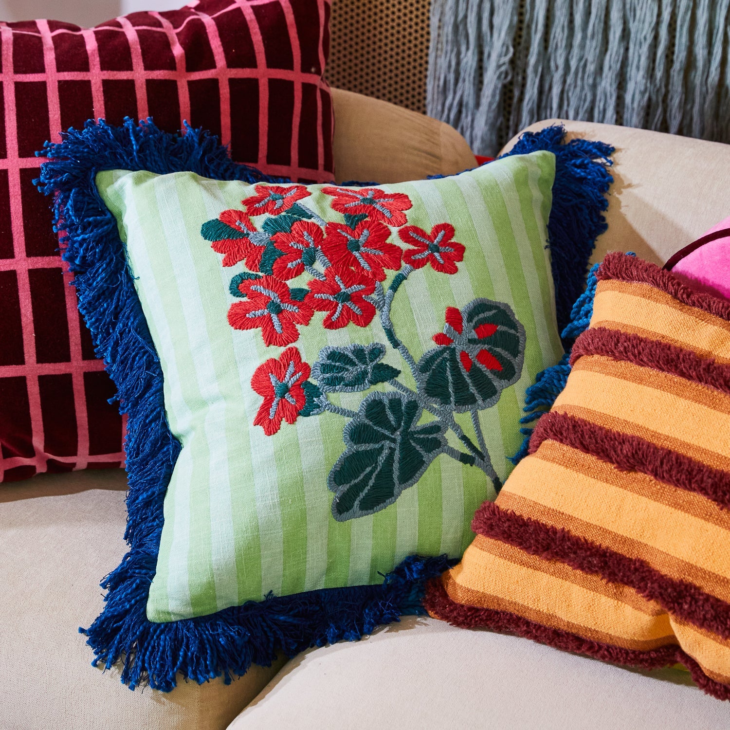 Sage and Clare Annette Embroidered Cushion - Jade