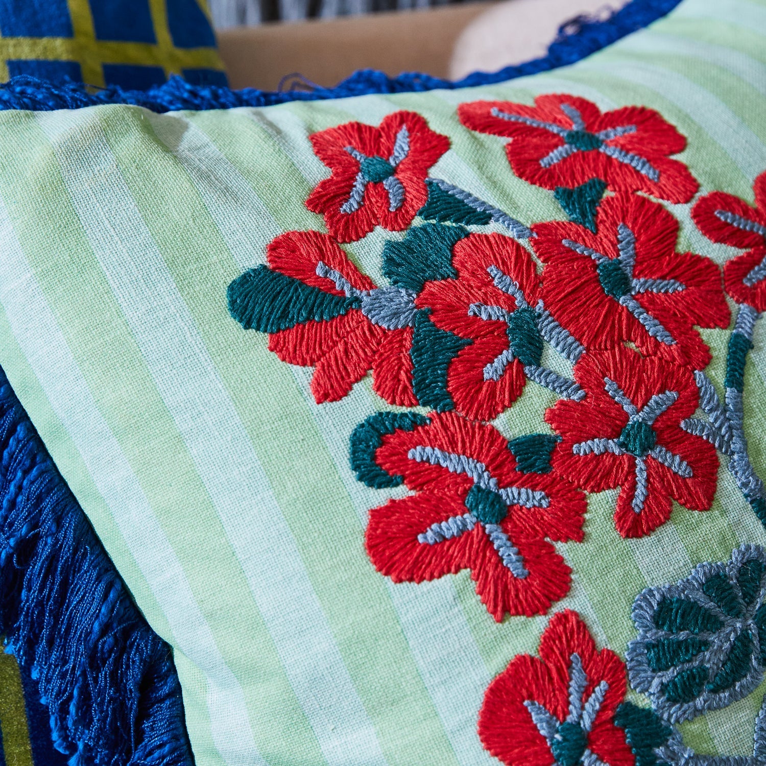 Sage and Clare Annette Embroidered Cushion - Jade