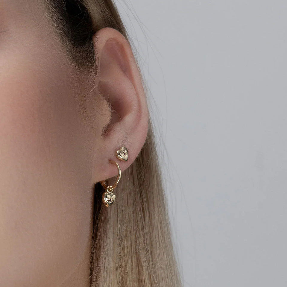 Silk & Steel Superfine Petite Puffed Heart Hoops - Ruby/Gold