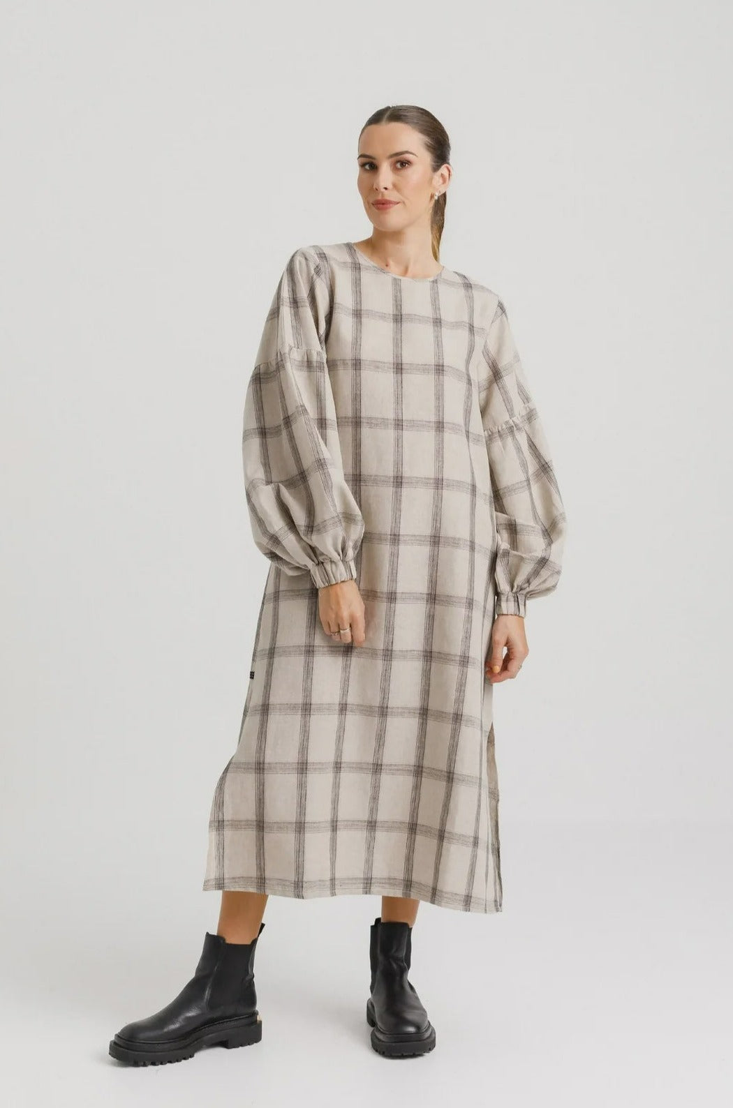 Thing Thing Billowing Dress - Oat Plaid