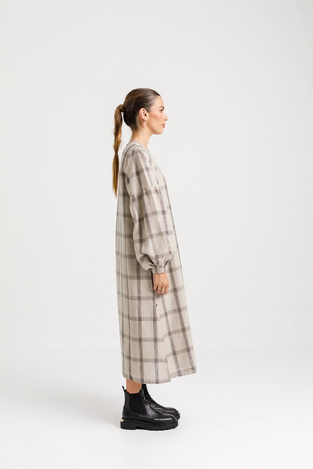Thing Thing Billowing Dress - Oat Plaid