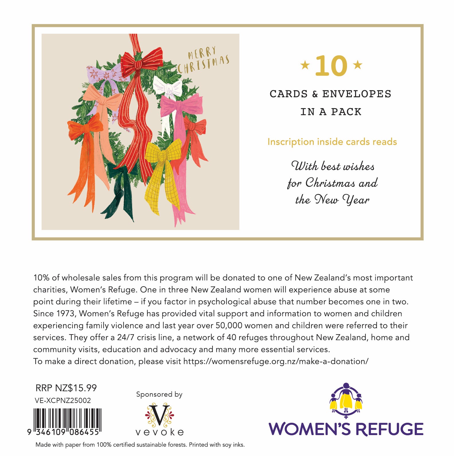 Women's Refuge Xmas Card 10pk - Wreath of Ribbons