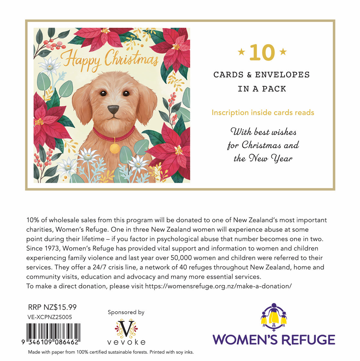 Women's Refuge Xmas Card 10pk - Christmas Dog