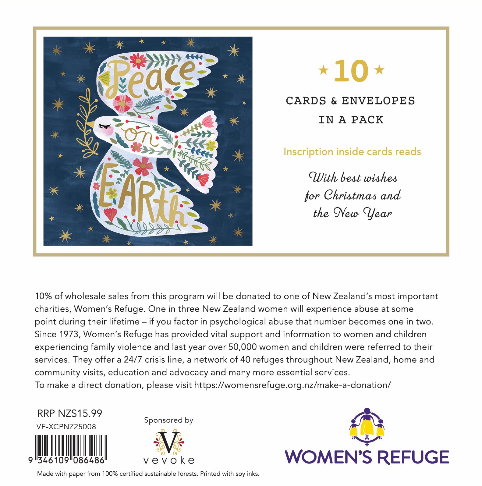 Women's Refuge Xmas Card 10pk - Peace On Earth