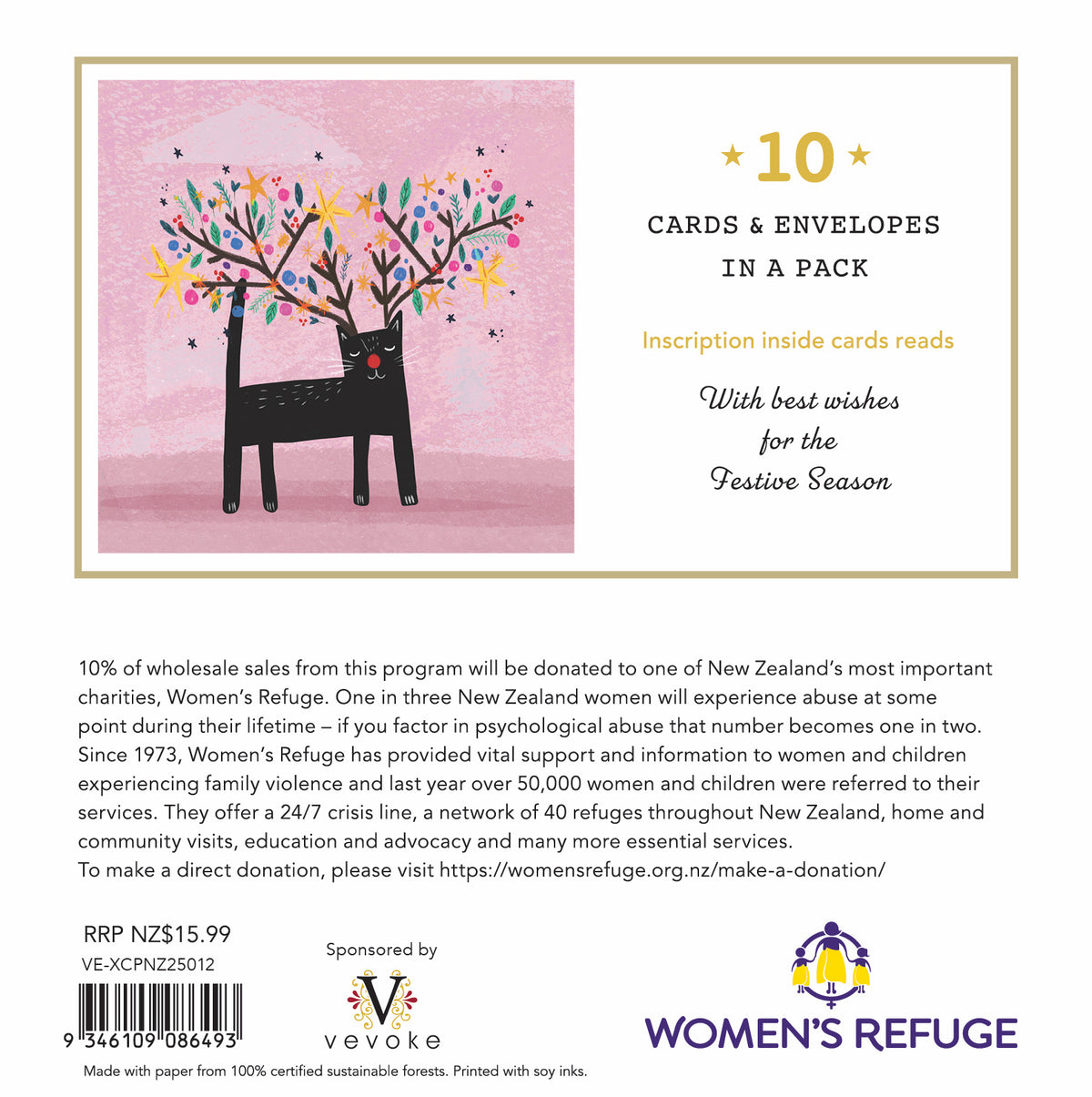 Women's Refuge Xmas Card 10pk - Festive Cat