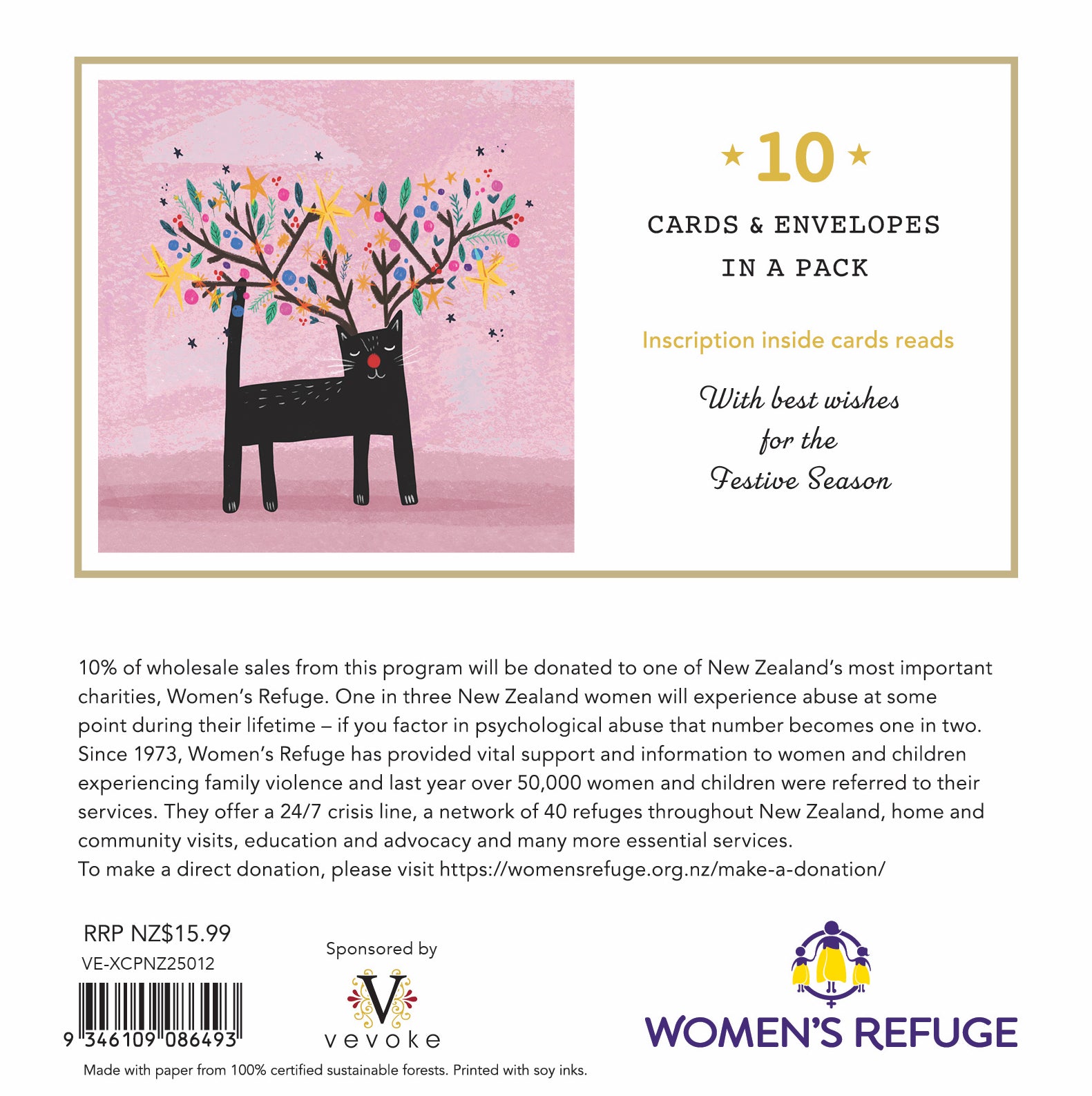 Women's Refuge Xmas Card 10pk - Festive Cat