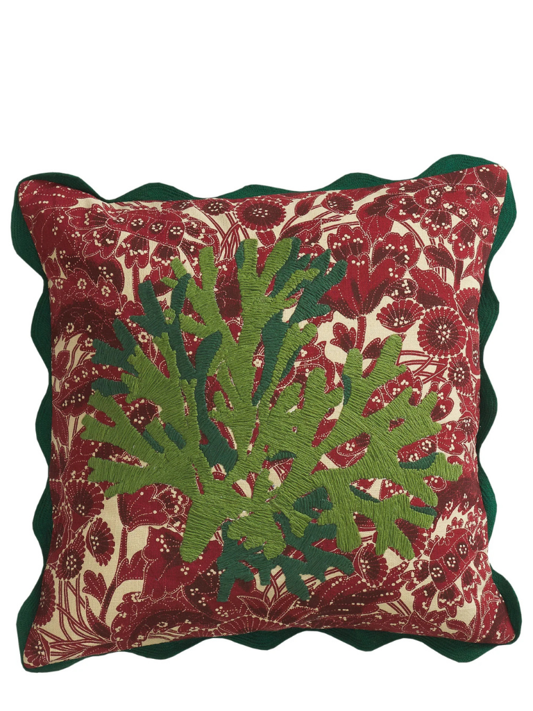 Sage x Clare Lucia Embroidered Cushion - Crimson