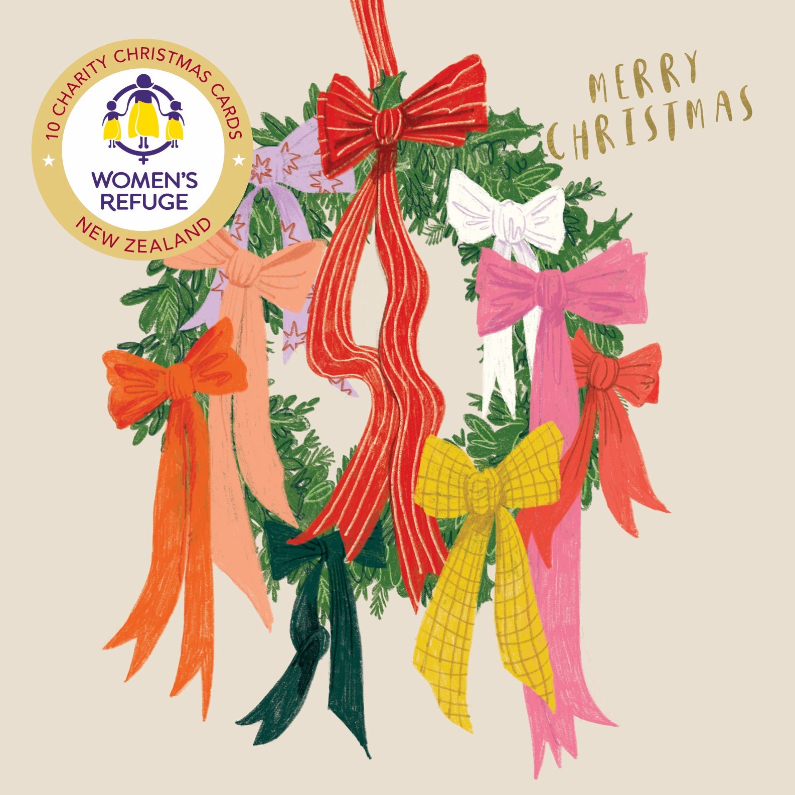 Women's Refuge Xmas Card 10pk - Wreath of Ribbons