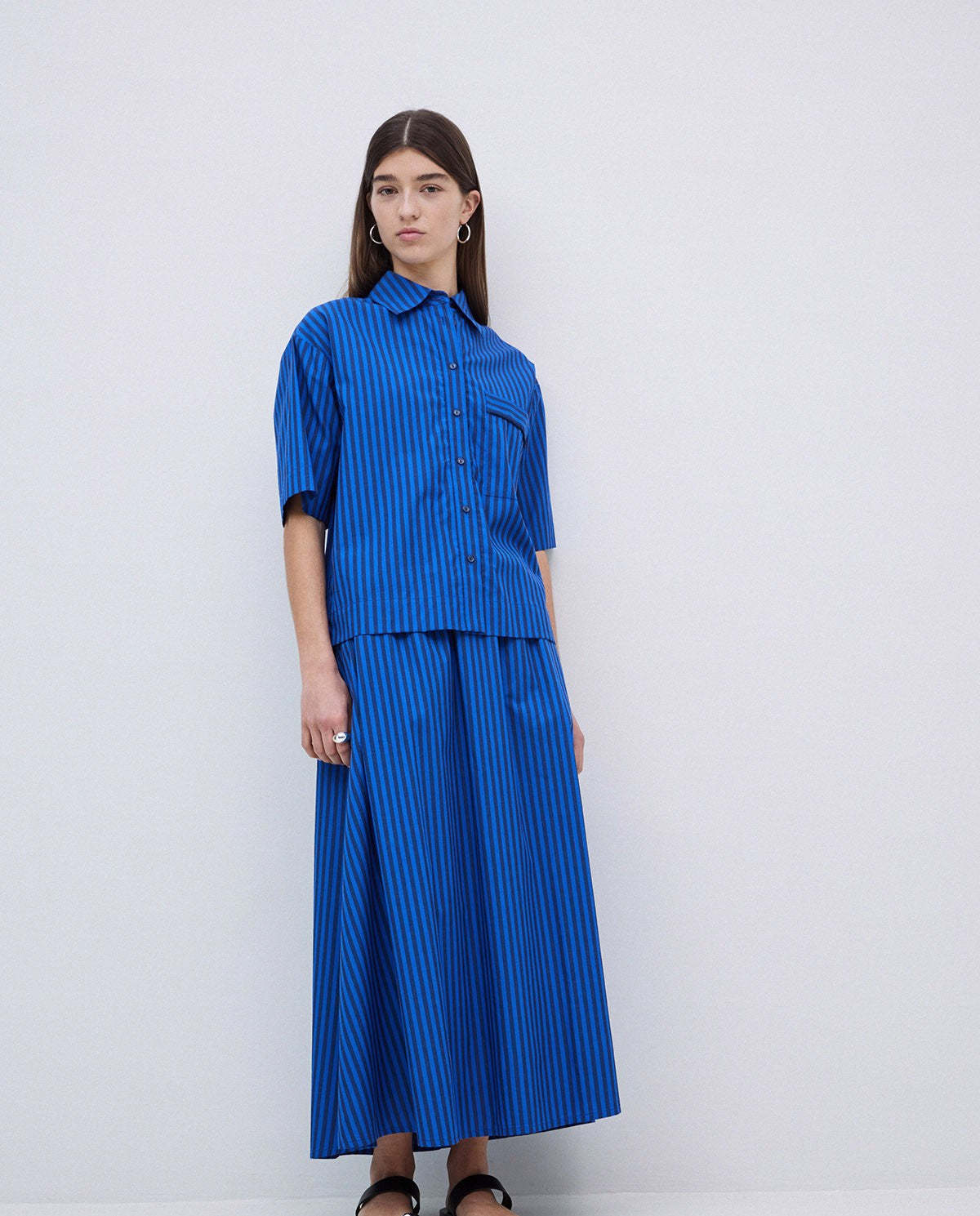 Yerse Cotton Poplin Shirt - Blue Stripe