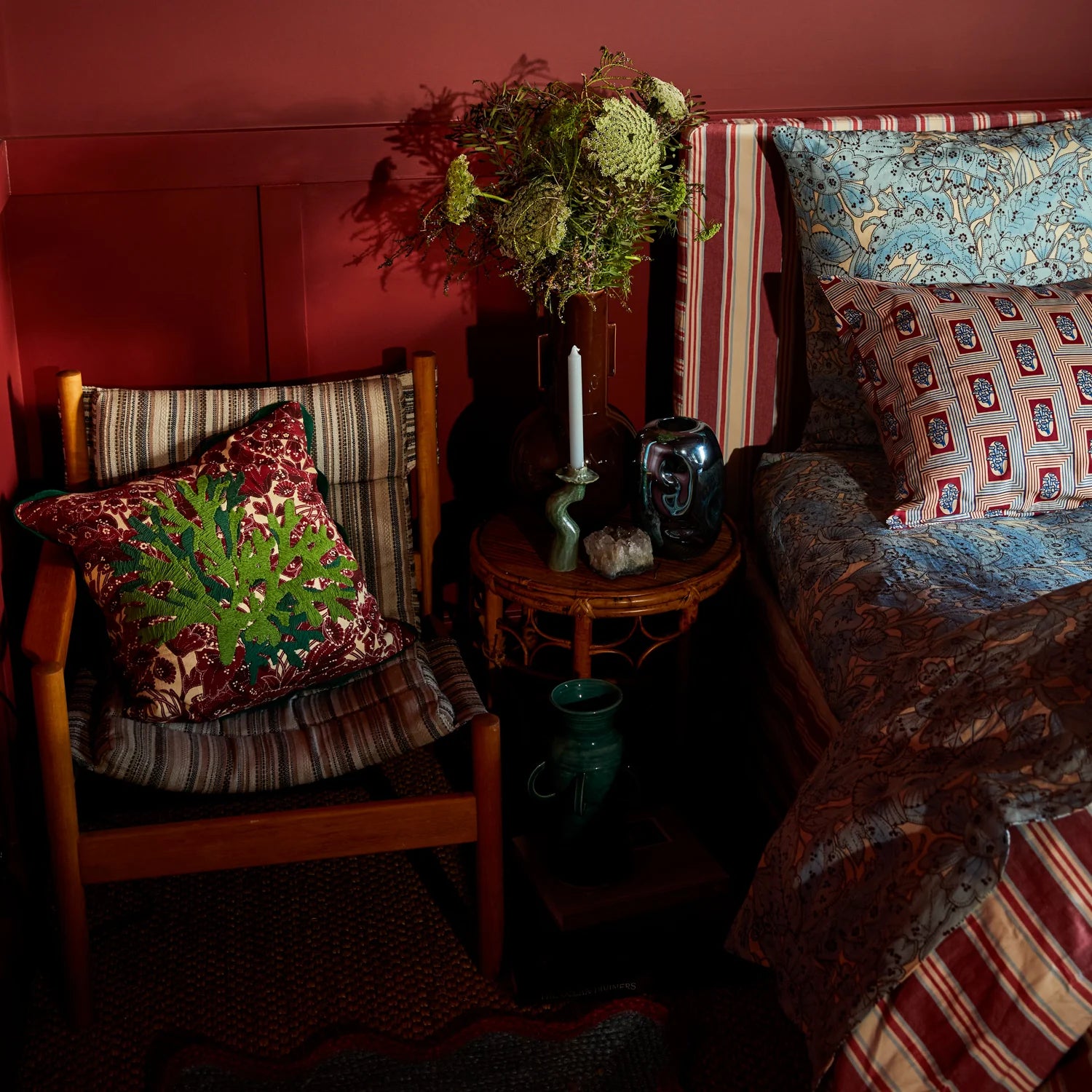 Sage x Clare Lucia Embroidered Cushion - Crimson