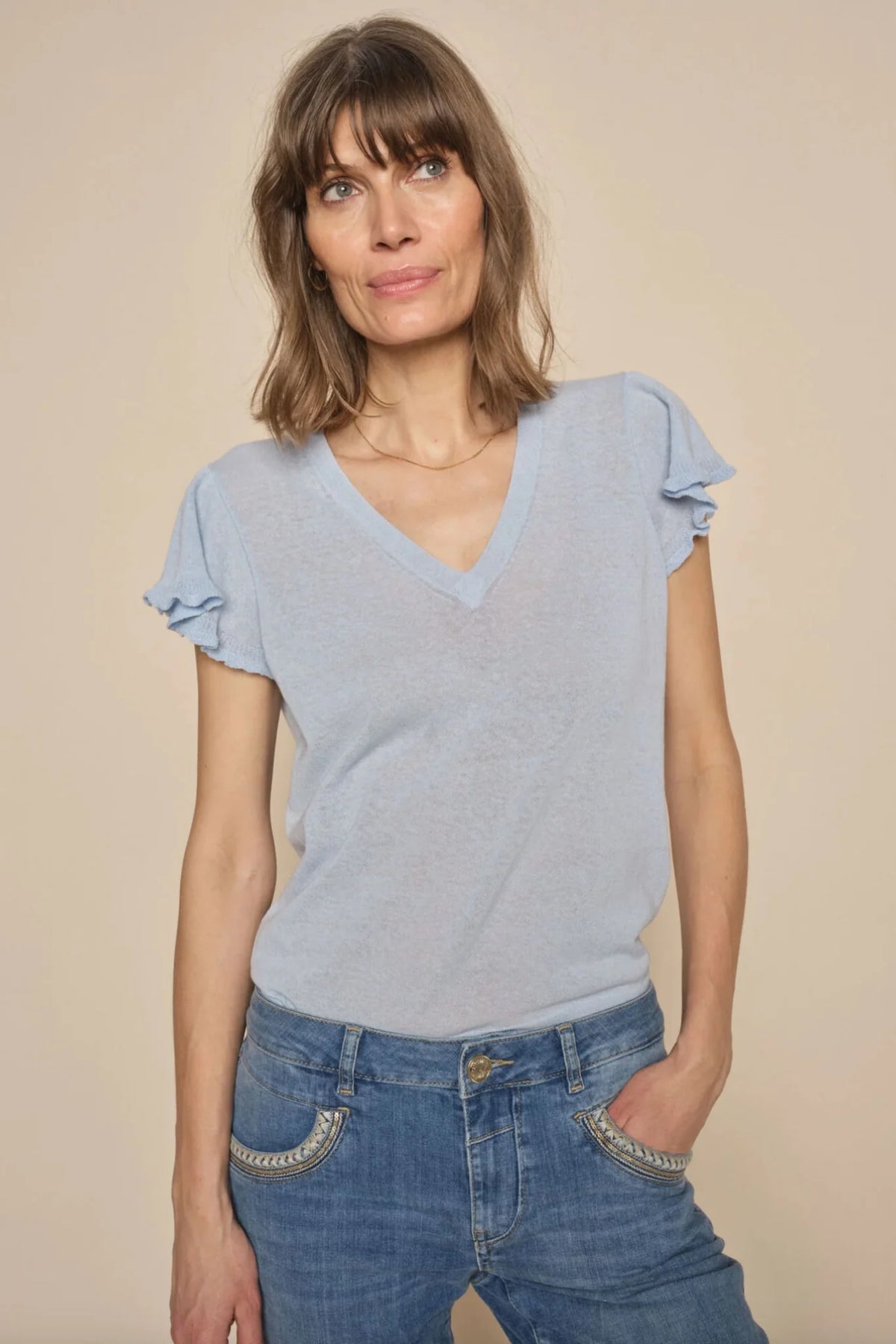 Mos Mosh Ganna V-Neck Knit Top - Cashmere Blue