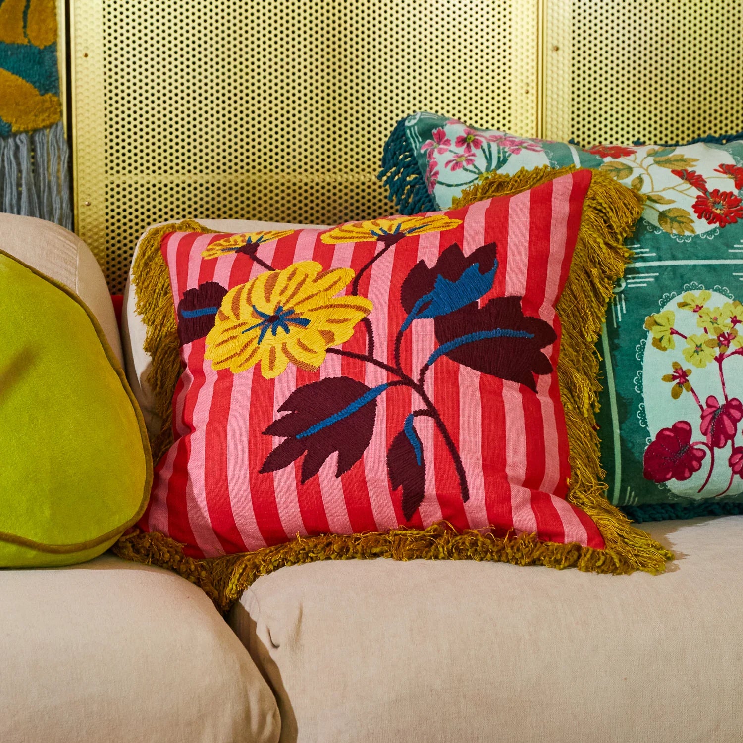Sage and Clare Annette Embroidered Cushion - Cosmo Pink