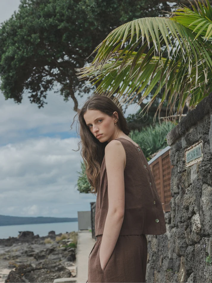 Sophie Shell Buttons Silky Top - Earth