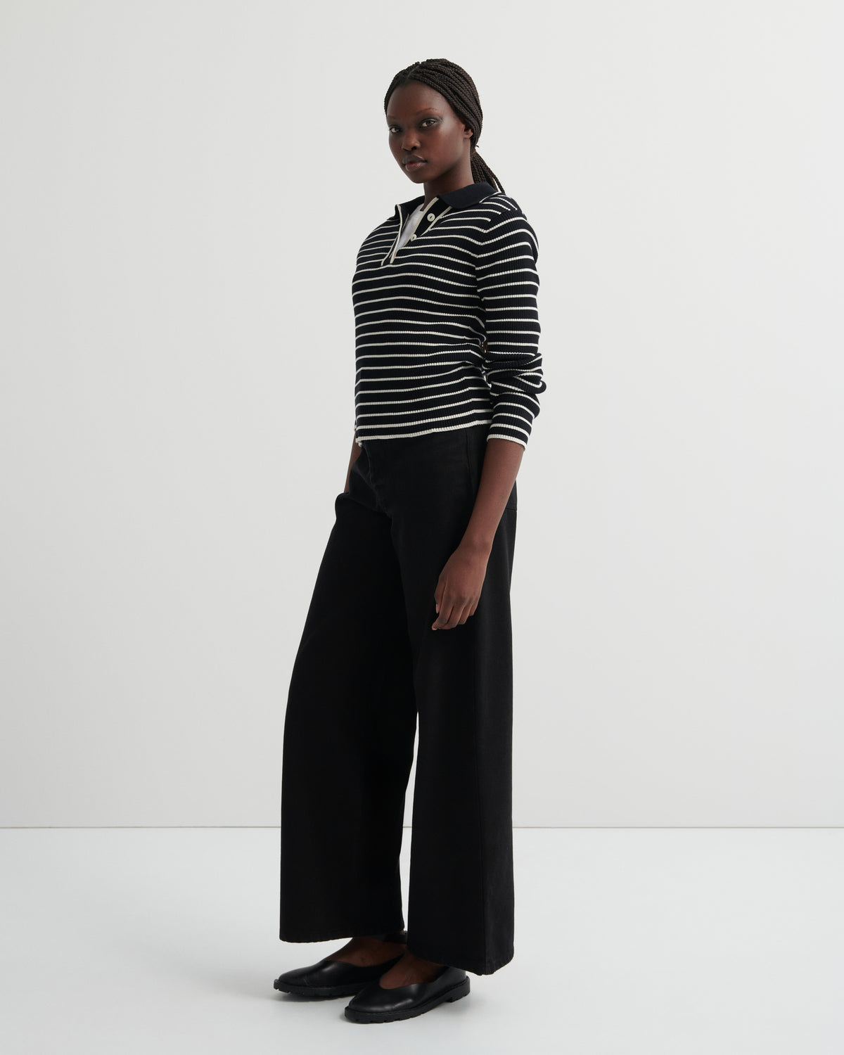 Kowtow Stripe Polo - Black Ecru Stripe