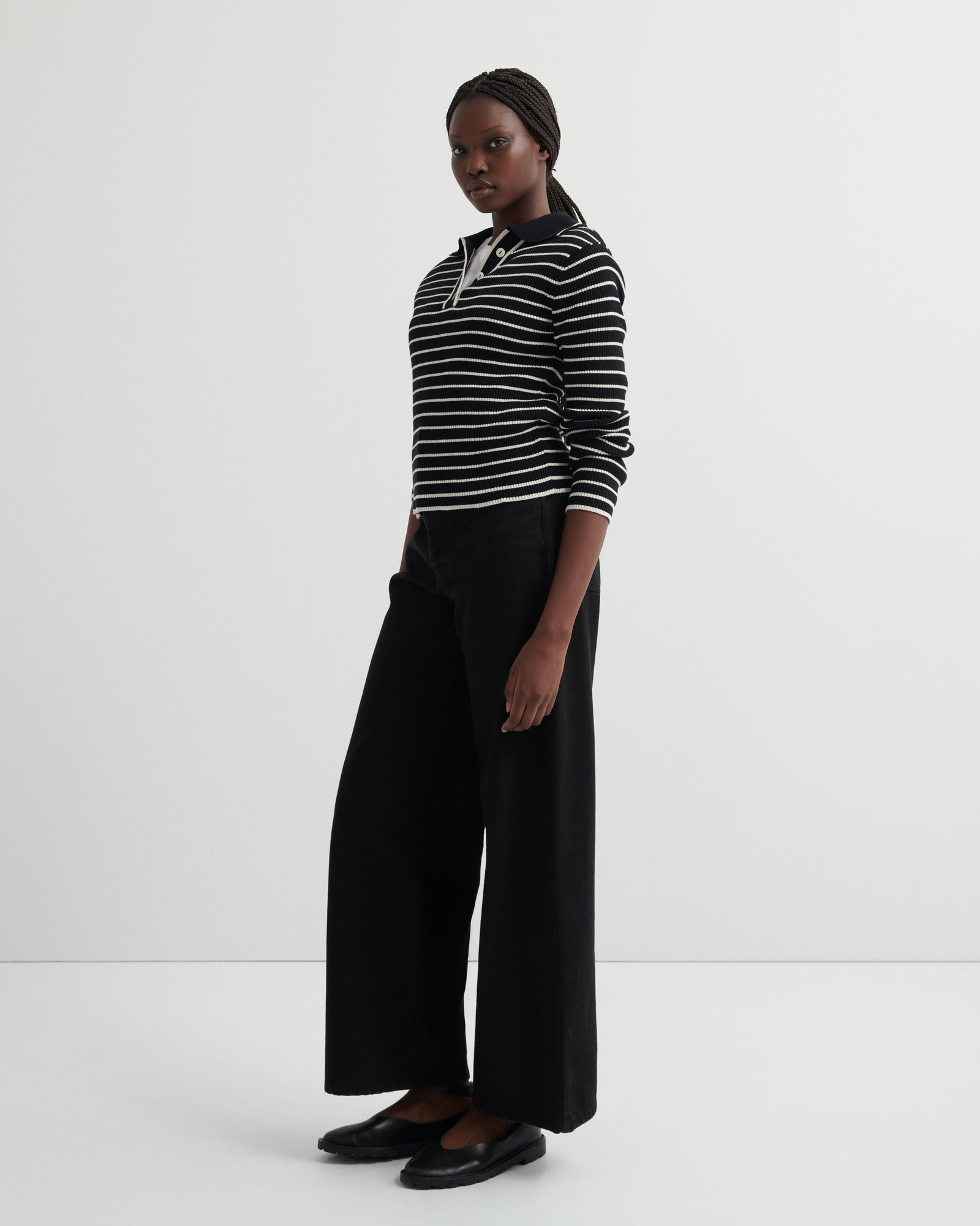 Kowtow Stripe Polo - Black Ecru Stripe