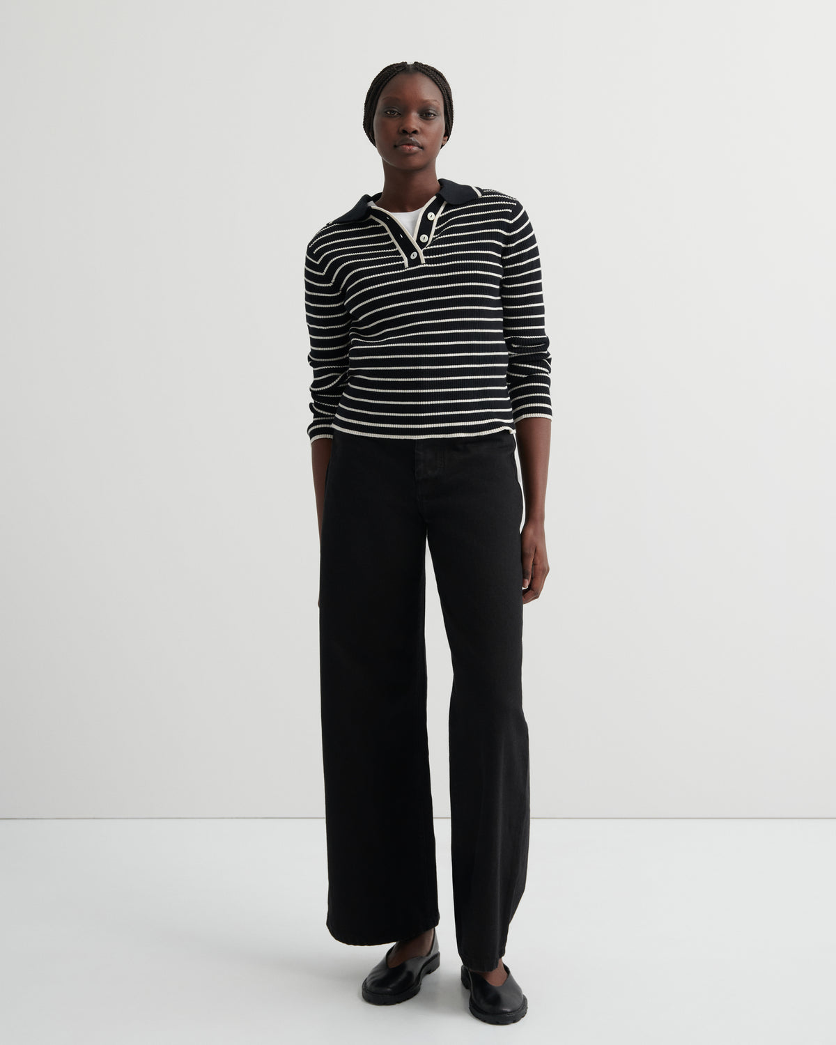 Kowtow Stripe Polo - Black Ecru Stripe