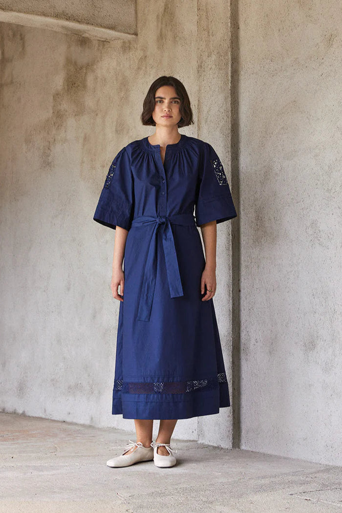 yerse hanoir dress navy cotton poplin broderie anglaise 