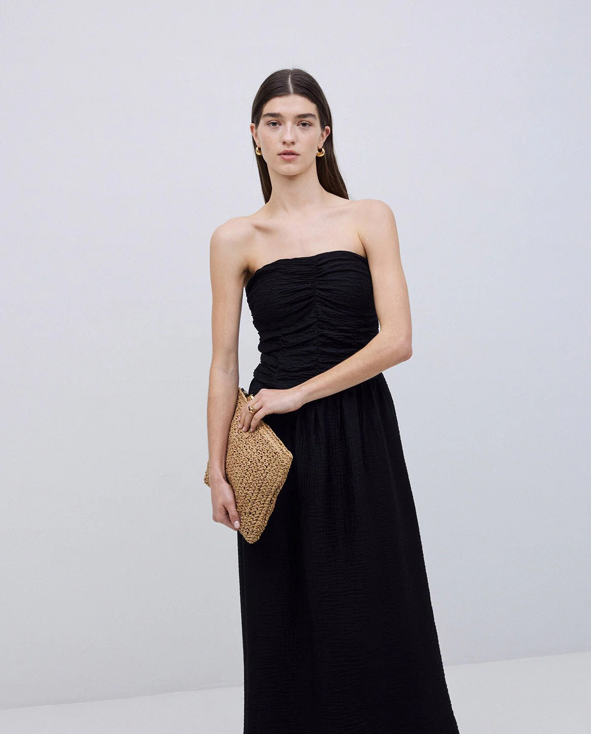 Yerse Strapless Draped Dress - Black