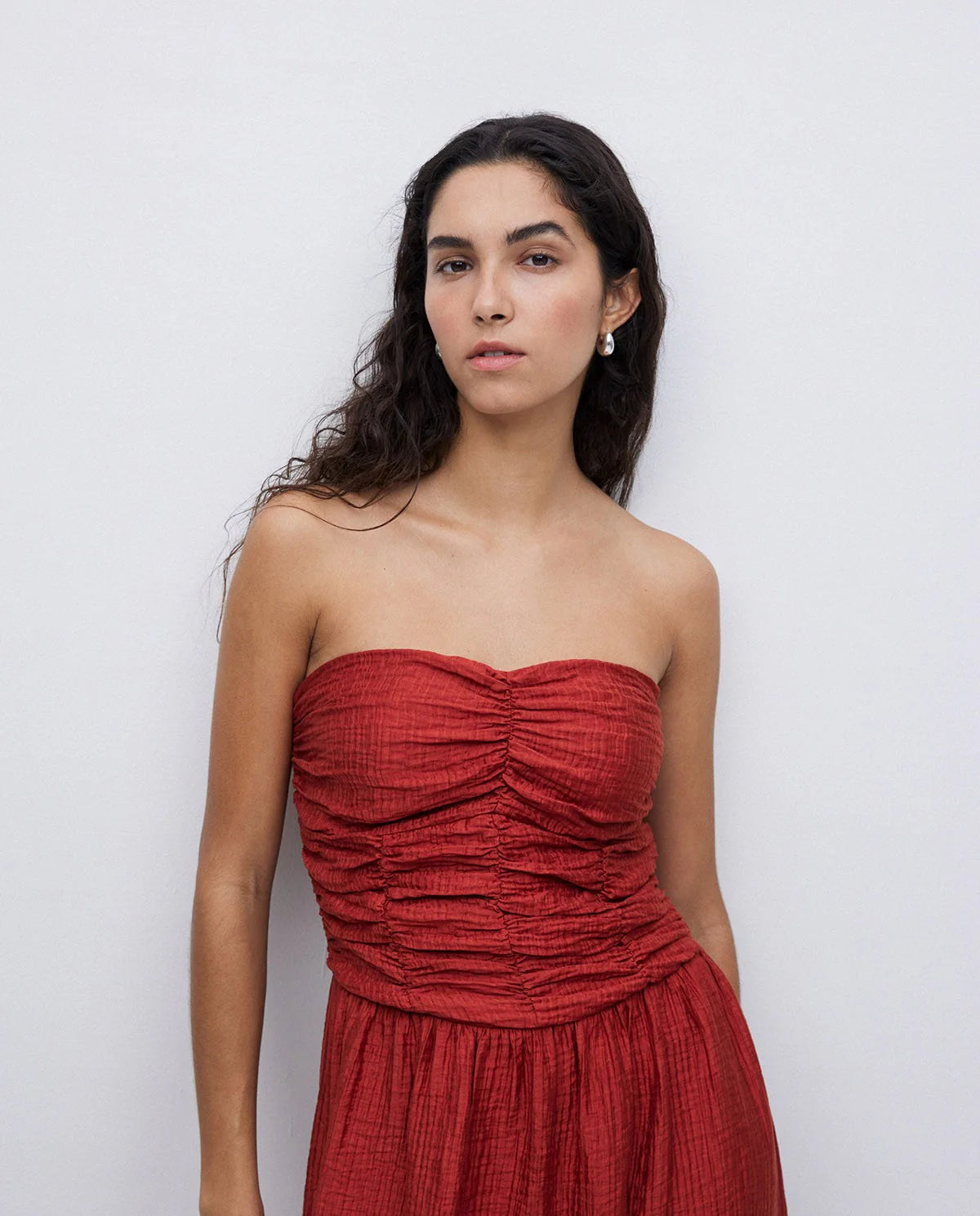 Yerse Strapless Draped Dress - Terracotta