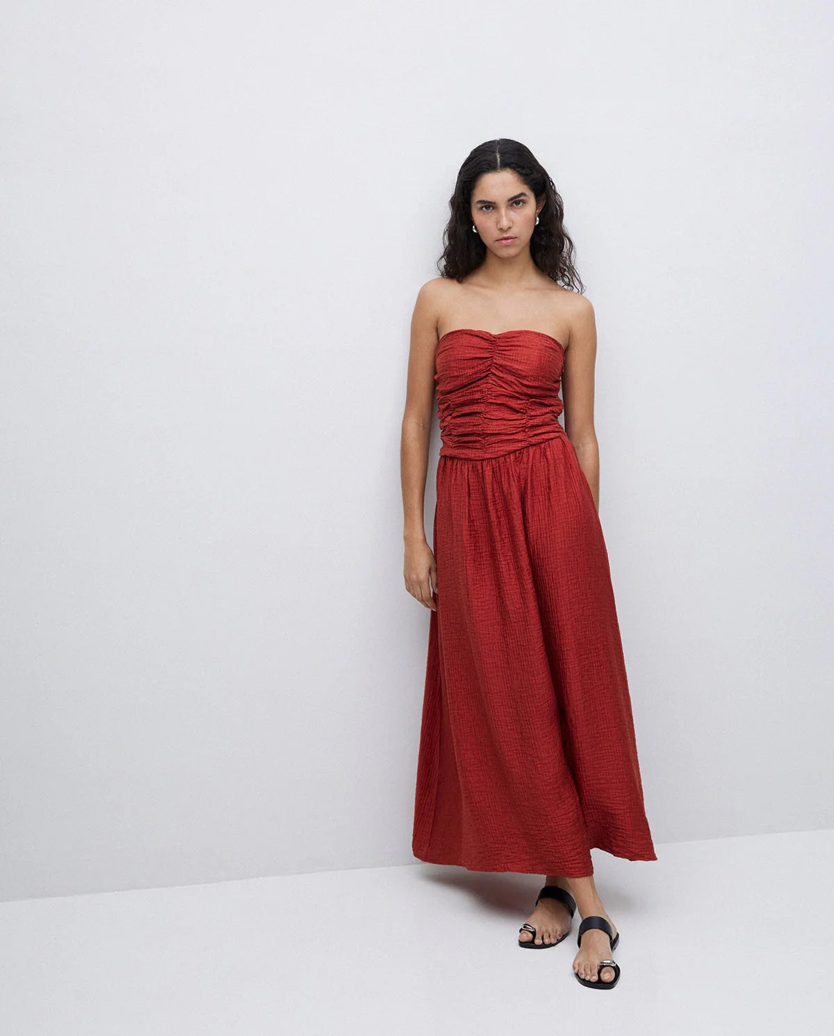 Yerse Strapless Draped Dress - Terracotta