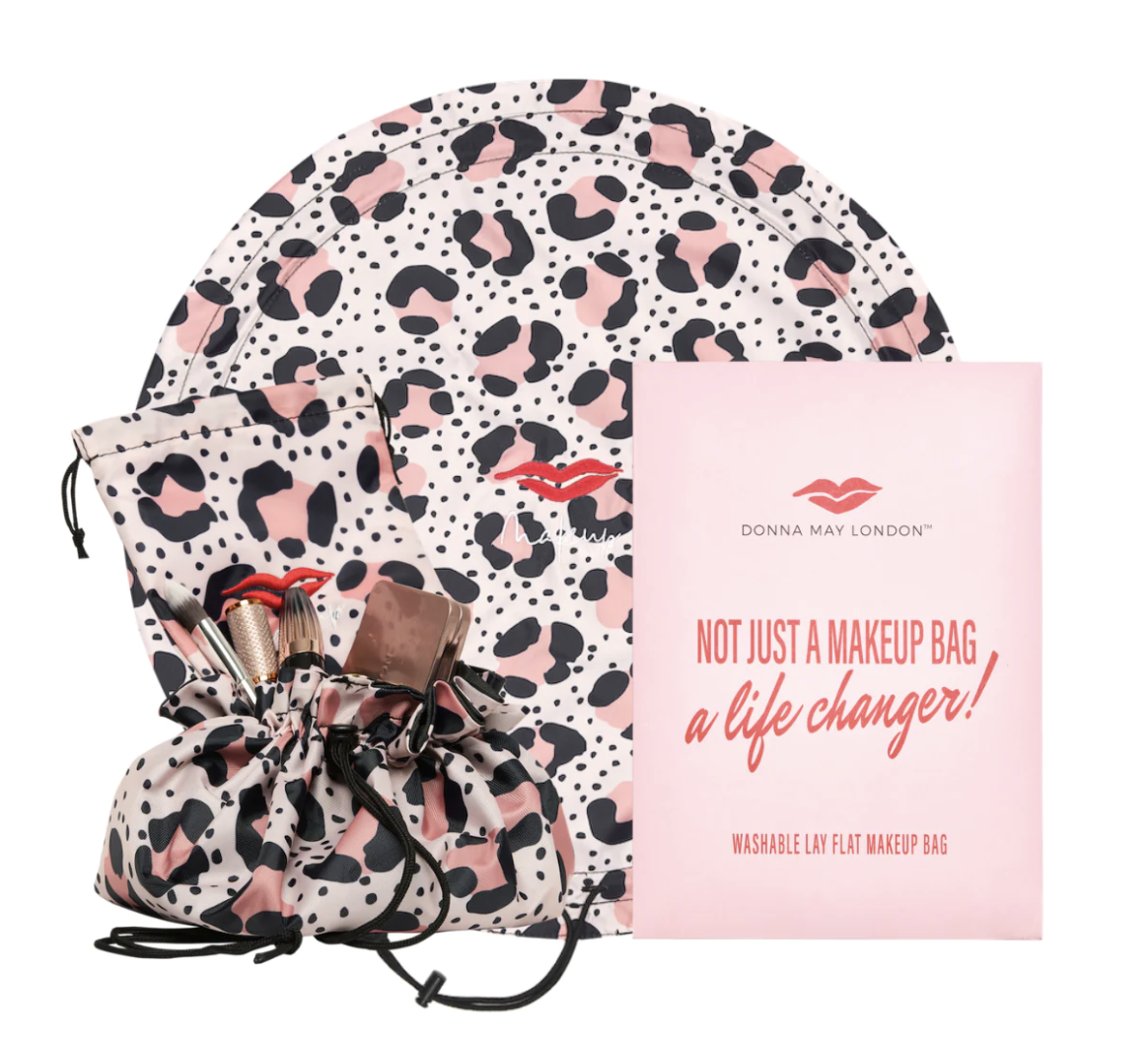 Open Flat Drawstring Makeup Bag - Nude Pink Leopard