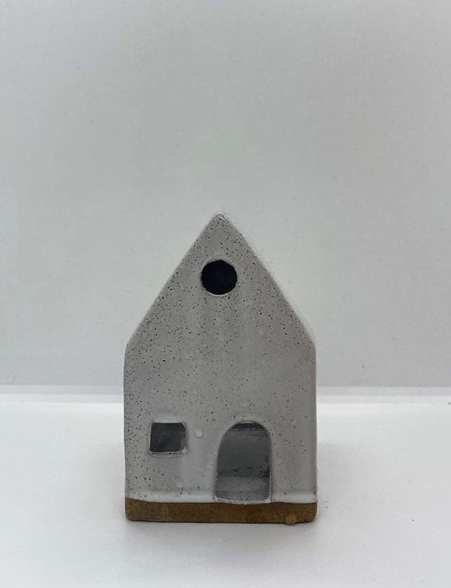 Grey Porcelain Tealight House - Small with Round Window